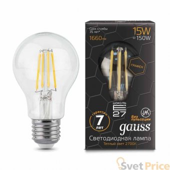 Лампа светодиодная филаментная E27 15W 2700К прозрачная 102802115