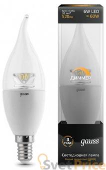 Лампа светодиодная диммируемая E14 6W 4100К свеча на ветру прозрачная 104201206-D