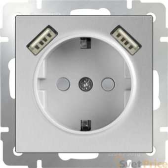 Розетка с заземлением, шторками и USBх2 серебряный WL06-SKGS-USBx2-IP20 4690389073212